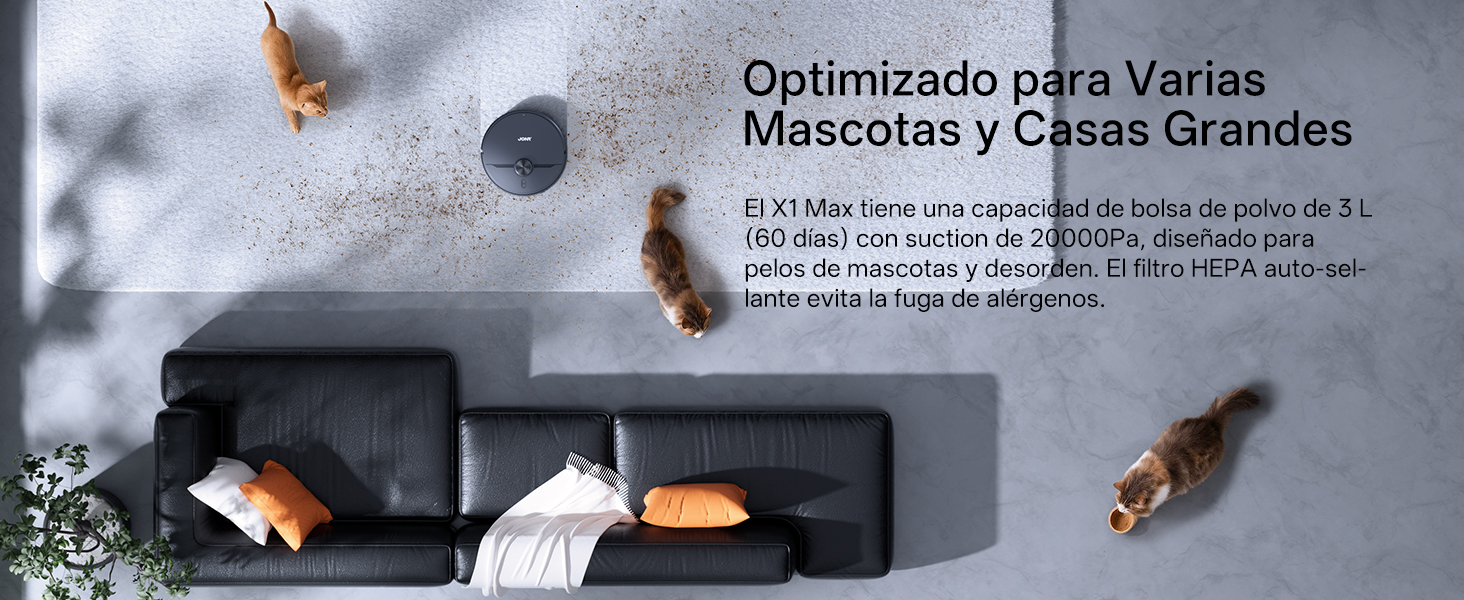 El texto dice «Optimizado para Varias Mascotas y Casas Grandes». Serie de imágenes de demostración de productos que muestran artículos relacionados con mascotas en tonos grises.