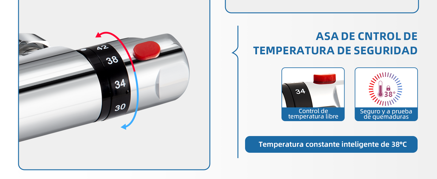 Manilla de seguridad con control de temperatura en acabado cromado con esfera numerada e indicador rojo, que se muestra con instrucciones en español.