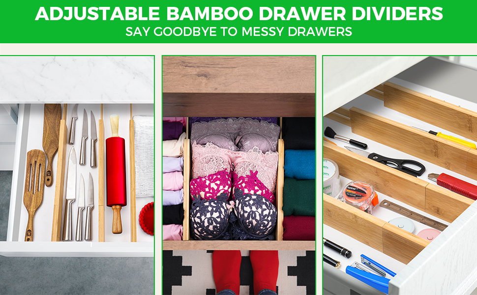 Bamboo Drawer Dividers Organizer with Inserts, Expandable