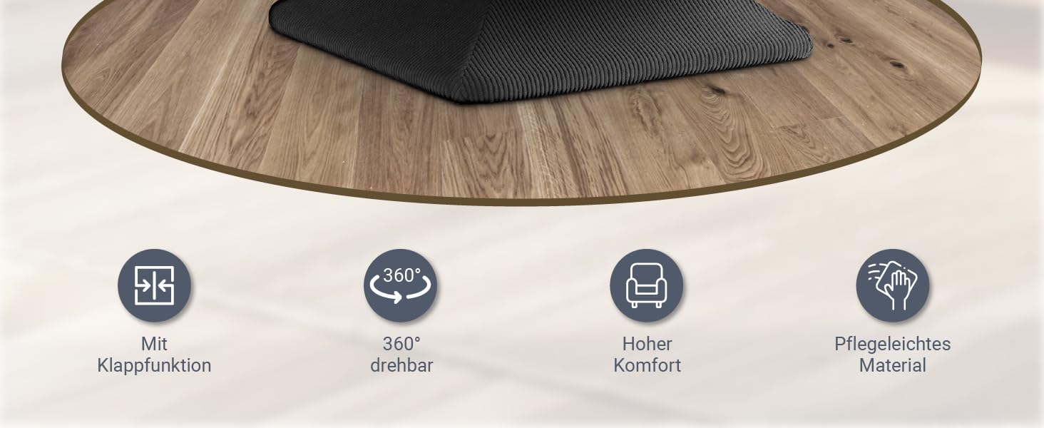 Runde Holzbodenmatte mit dunkler Mitte. Vier Symbole unten zeigen Funktionen an: anpassbare Größe, rutschfest, geräuschreduzierend und ermüdungsbeständig.