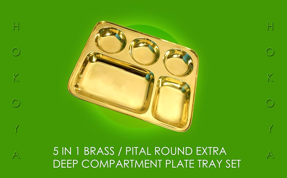 HOKOYA Brass Trays for Serving Food Set of 4 Brass Dinner Tray for