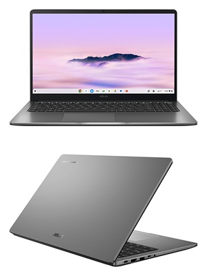 El delgado portátil gris se muestra desde los ángulos frontal y posterior, que muestra una pantalla de escritorio minimalista con montañas contra un cielo rosado. Diseño elegante y moderno con biseles delgados.