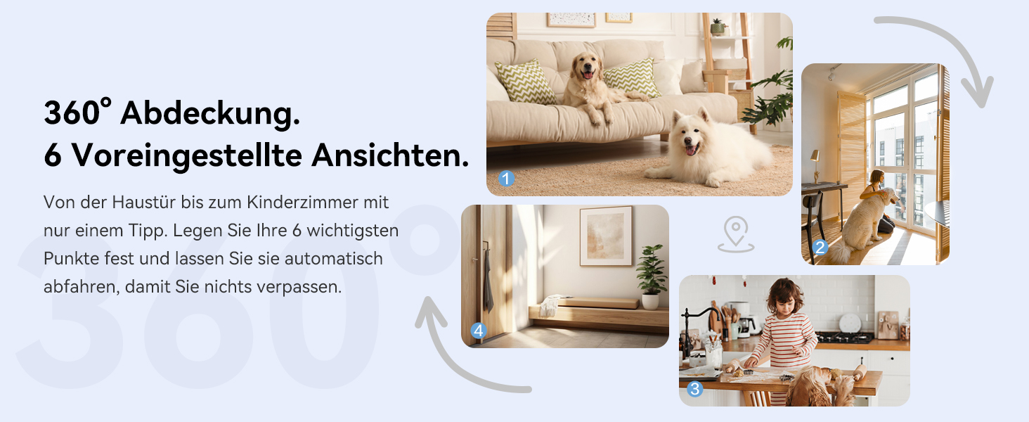 Der Text lautet „360° Abdeckung“ und „3 voreingestellte Ansichten“. Bilder zur Produktdemonstration, die verschiedene Betrachtungswinkel in einer häuslichen Umgebung zeigen.