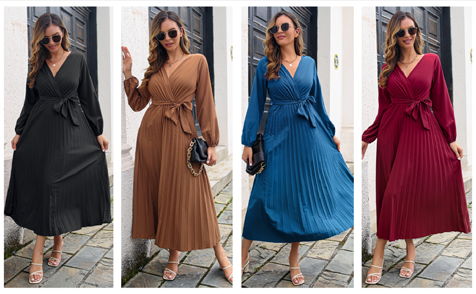  AMOMA Damen Elegantes Herbst Langarm Maxi Plissiertes Kleid Faltenkleid