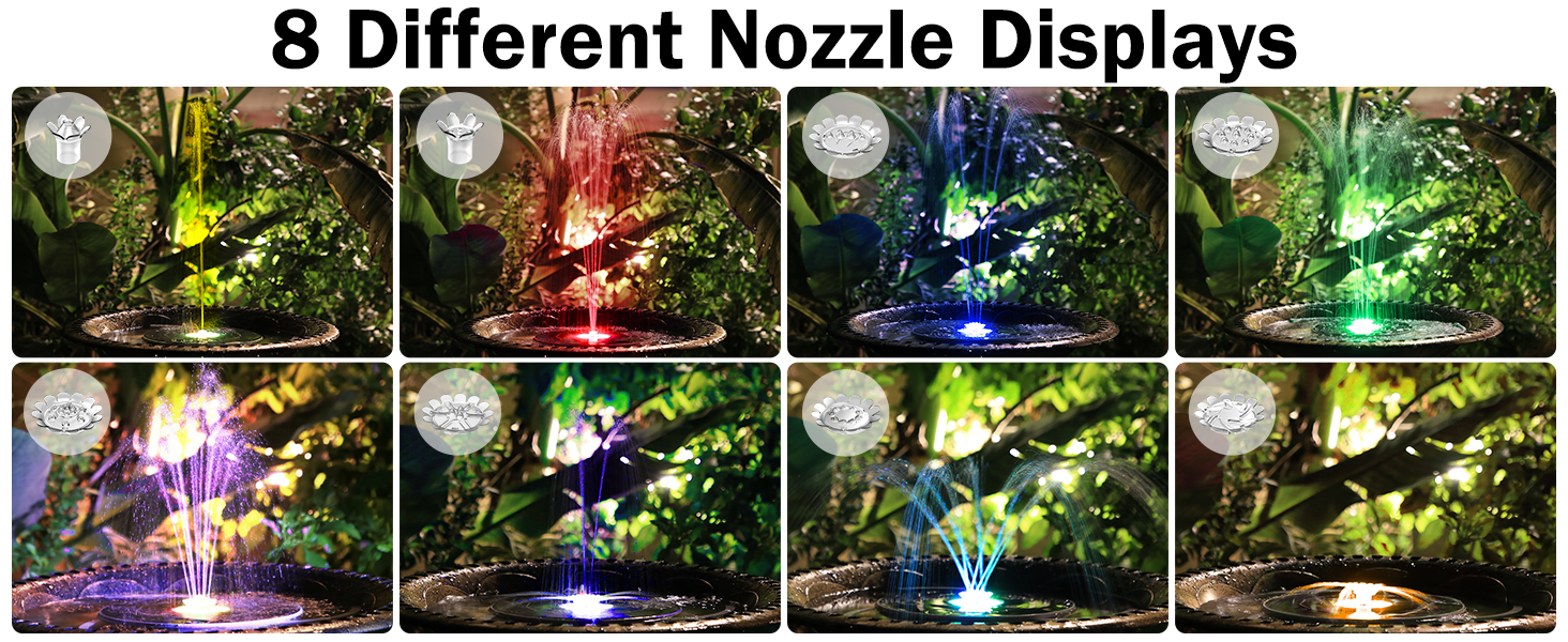 Eight panels showing fountain nozzle displays with various water spray patterns and colored lighting effects in outdoor settings.