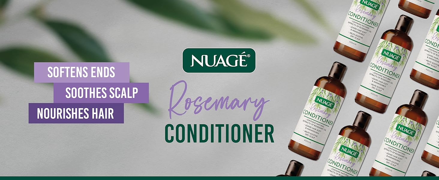 Nuage Rosemary Conditioner bottles displayed in a marketing layout, showing product benefits including softening and nourishing properties.