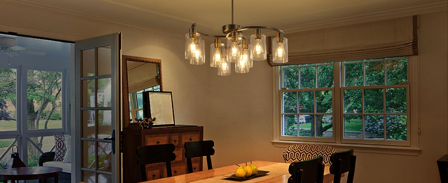 CNRATYE 9Light Brushed Nickel Glass Chandelier, Adjustable Height