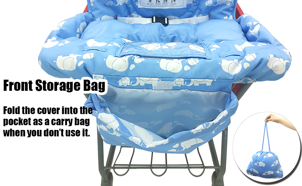 blue shopping cart and high chair cover