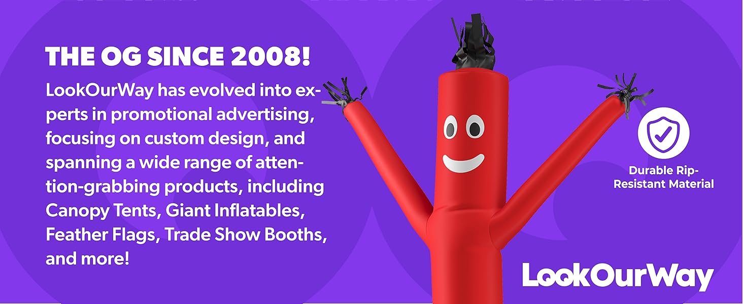 promotion, advertising, custom canopy, feather flags, trade show, inflatable guy, air dancer 20ft 