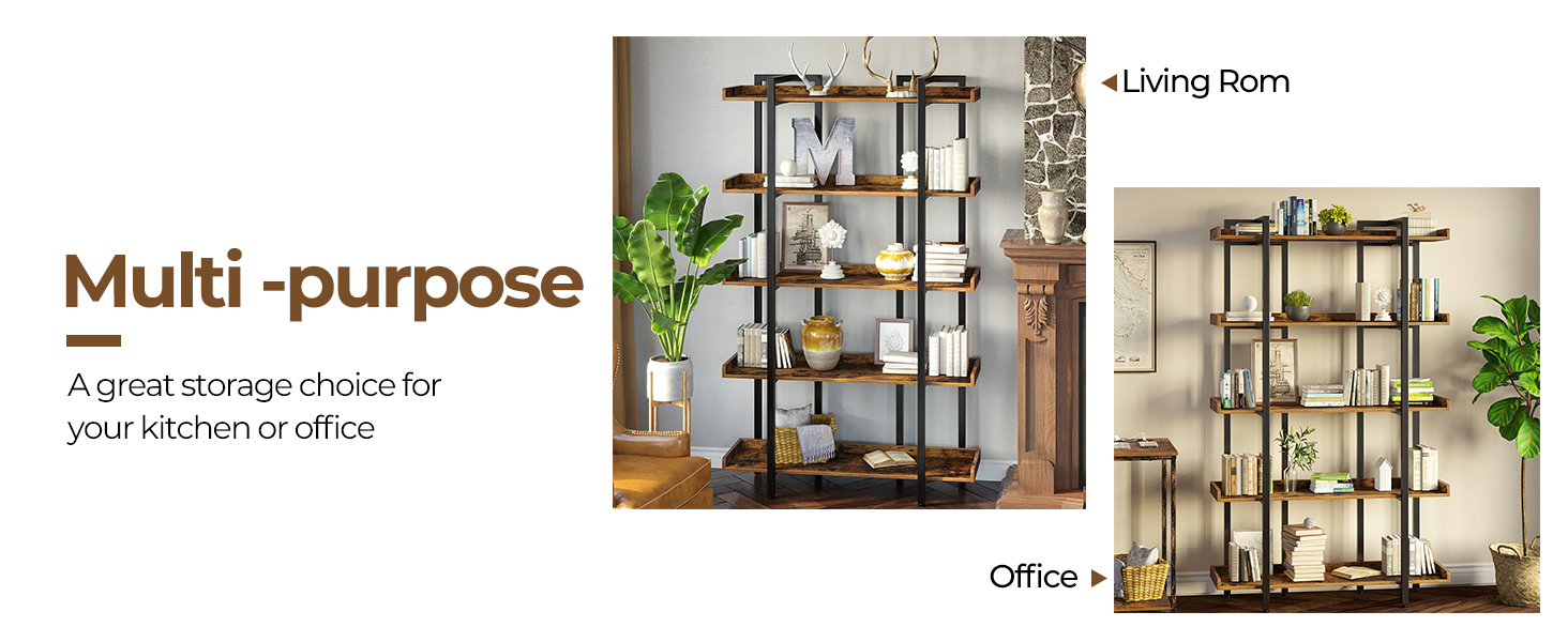 Rolanstar Bookshelf, 5Tier Bookshelves with Open Shelves, Large Bookcase for Storage and