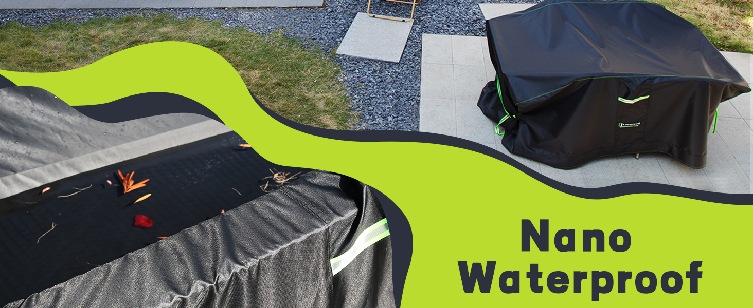 Outdoor scene with camping equipment. Black tent and green groundsheet visible. Text 'Nano Waterproof' suggests water-resistant camping gear.