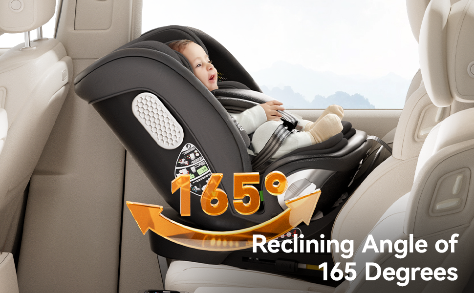 Rear-facing car seat with 165-degree reclining angle. Features padded dark grey shell, breathable side panel, and demonstrates infant passenger use in vehicle interior.