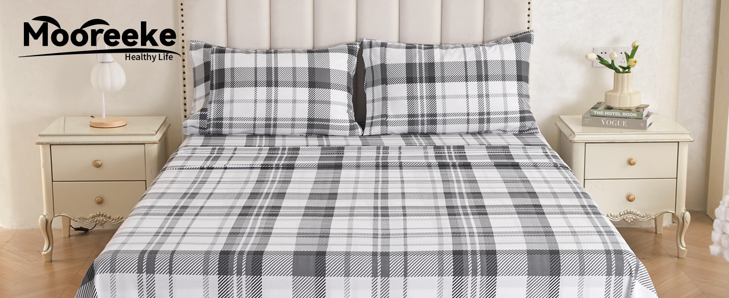 Mooreeke Queen Sheets, Queen Grey Plaid Bed Sheet Set with Deep Pocket NonSlip