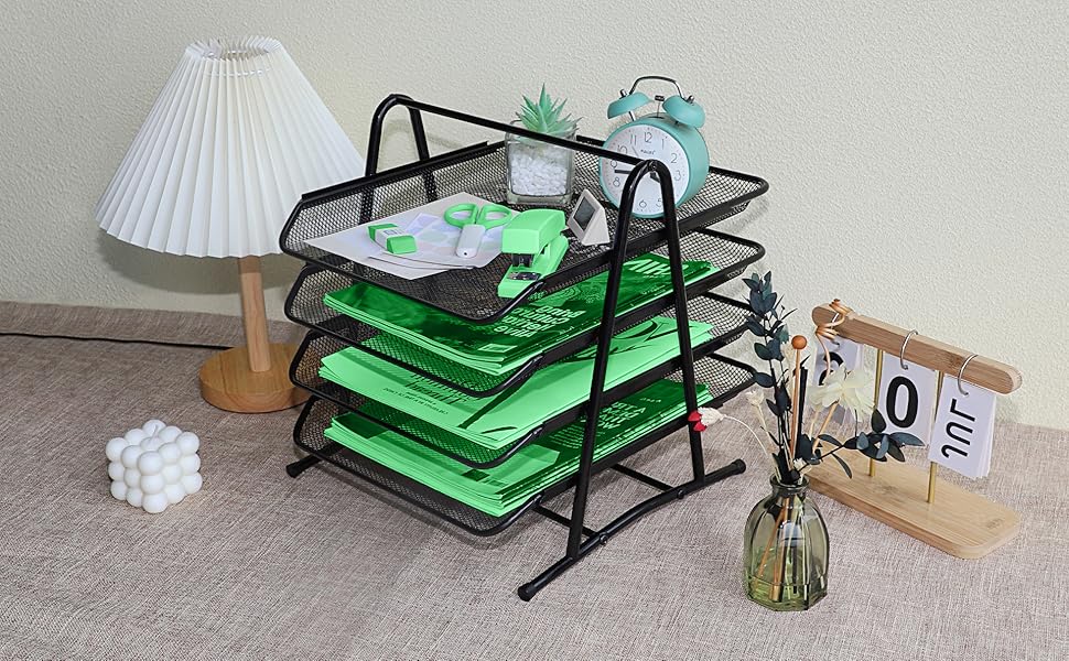 4 Tier Letter Tray Organizer Metal Storage Compartments, Office Drawers