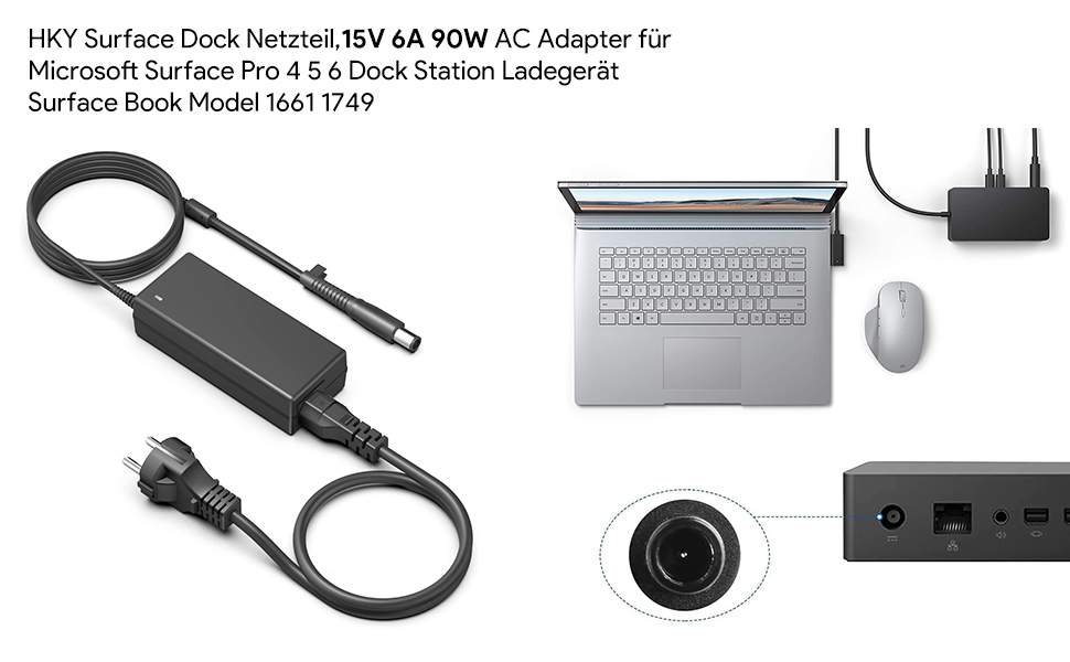 HKY Surface Dock Netzteil Ladegerät, 15V 6A 90W Ladekabel Ersatz für