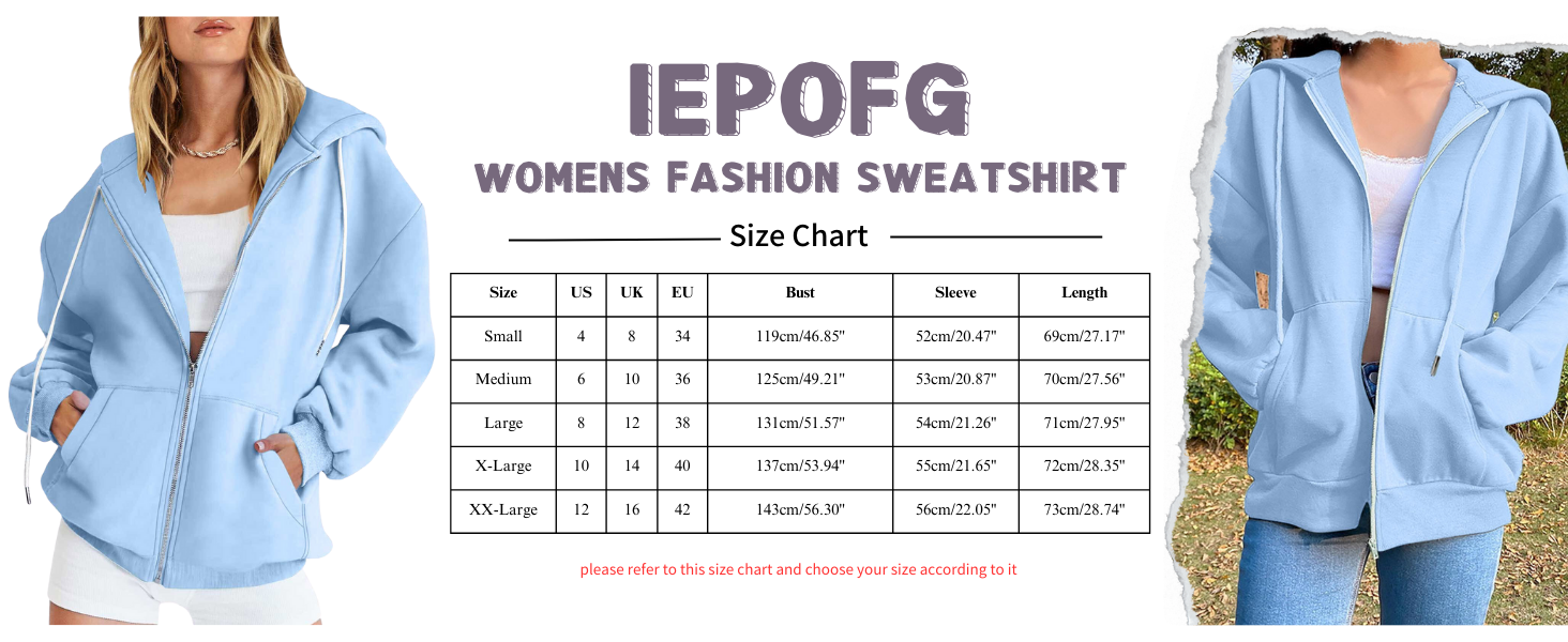 IEPOFG Womens Oversized Sweatshirt Size Chart