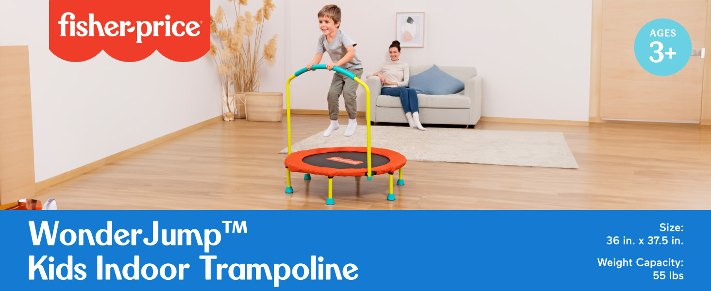 Child playing on a Fisher-Price indoor trampoline with handrail in a home setting.