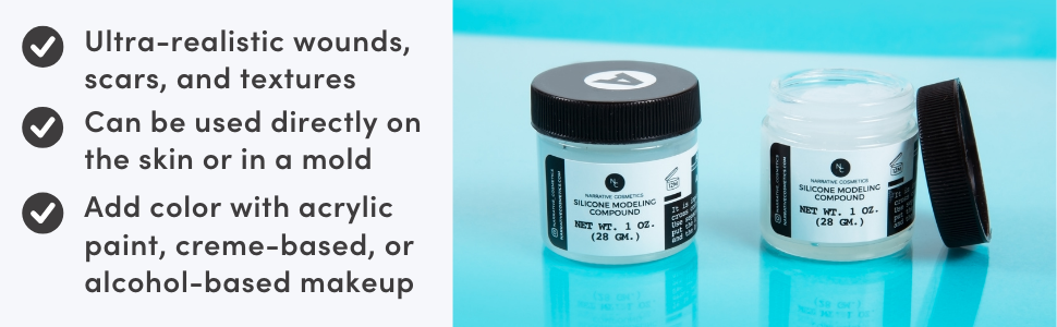Silicone Modeling Compound Kit details, realistic wounds, use on skin or mold, add color