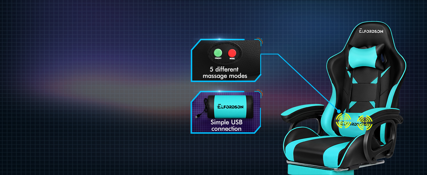 ELFORDSON Gaming Chair Lumbar Massage With Footrest, Cyan & Black 11 2-1