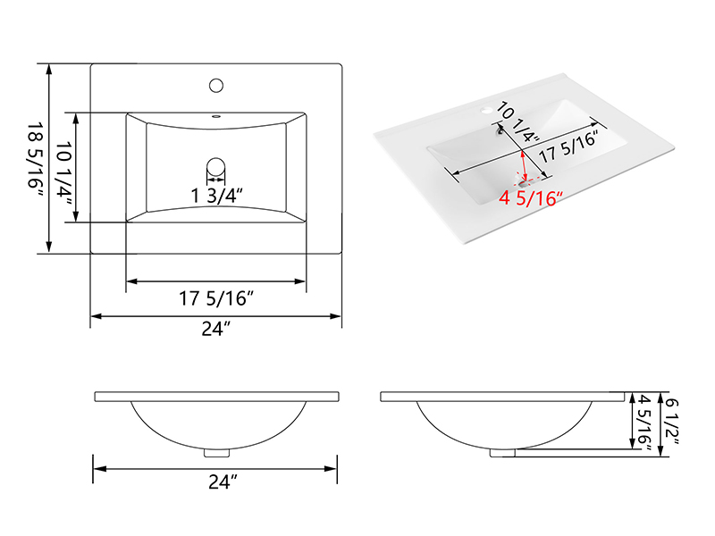 DeerValley DV1V0096 Vanity Top Sink 24" Modern White Bathroom Vanity