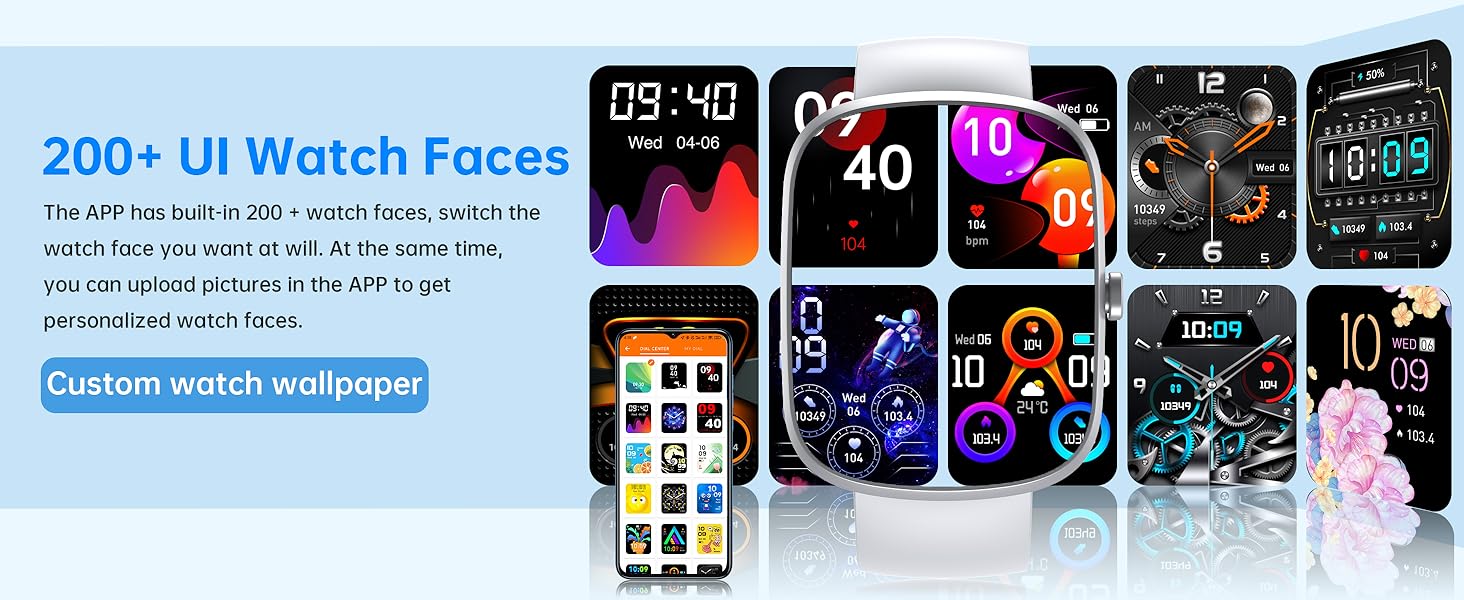 Smartwatch display showcasing multiple colorful watch face designs. Text highlights 200+ UI options and custom wallpaper feature. Smartphone screen visible showing additional face selections.