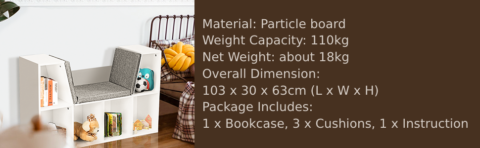 COSTWAY 6-Cube Kids Bookcase, Wooden Display Shelving Unit Organizer With Cushioned Reading Nook, Multi-Functional Storage Shelf Cabinet (White) 14 3