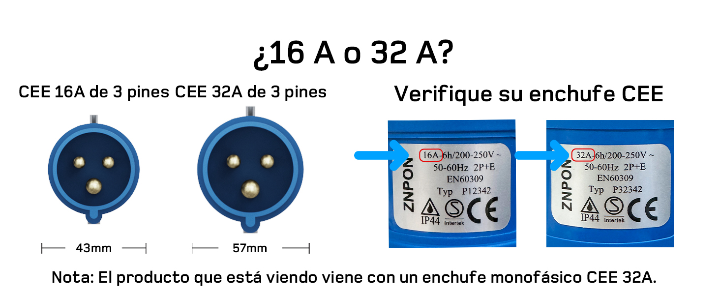 El texto dice «CEE 16A de 3 pines CEE 32A de 3 pines» con diagramas técnicos que muestran las configuraciones de los pines de los enchufes eléctricos y las marcas de certificación, incluidas las marcas CE.
