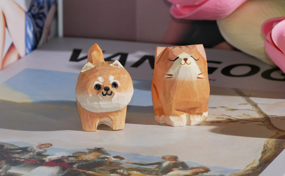 DinNingNing Wooden Orange Cat Figurines Tabby Home Decor Statue Gifts for Cat Lovers