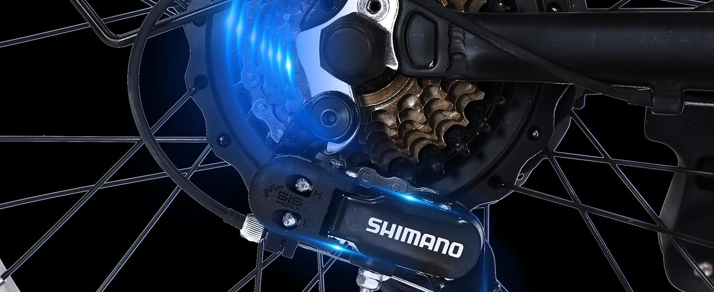 Close-up of the Shimano derailleur and rear cassette on the electric bike