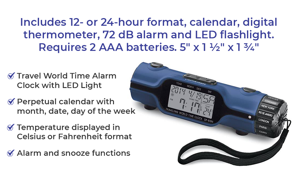 SAGEFINDS World Time Alarm Clock Calendar, Thermometer