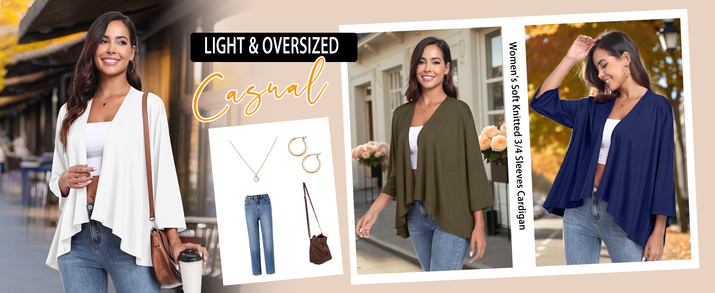 PrinStory Ladies Cardigan Kimono Cardigans 3/4 Sleeve Draped Loose Top Lightweight cardigans