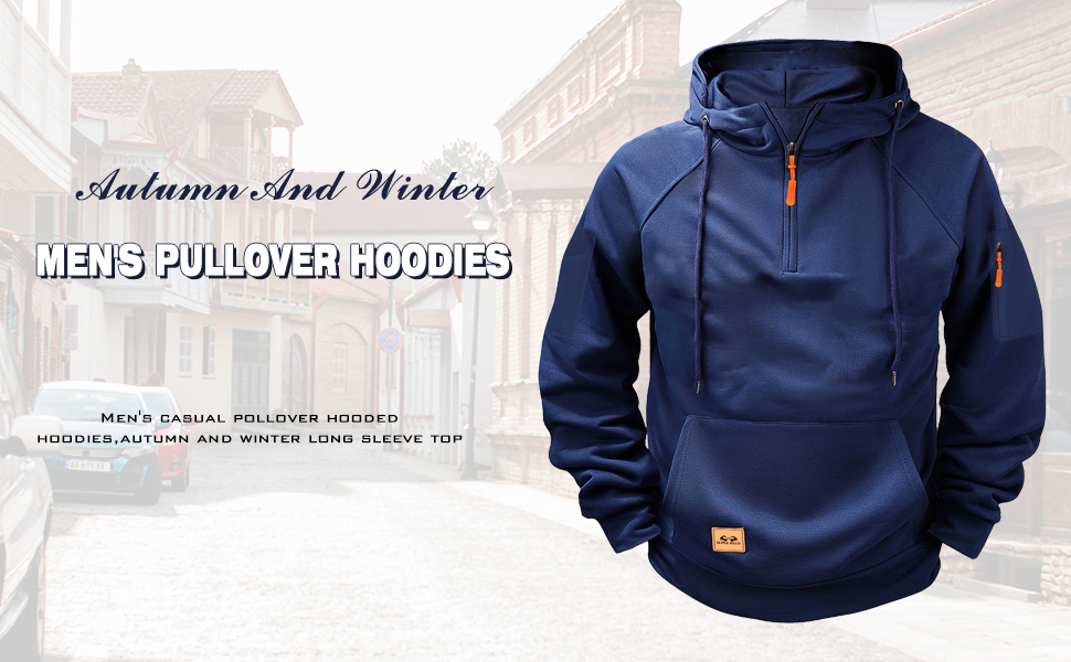 Texte indiquant « PULL-OVER À CAPUCHE POUR HOMMES ». Sweat-shirt bleu marine à capuche présenté sous plusieurs angles, avec poche avant et cordon de serrage.