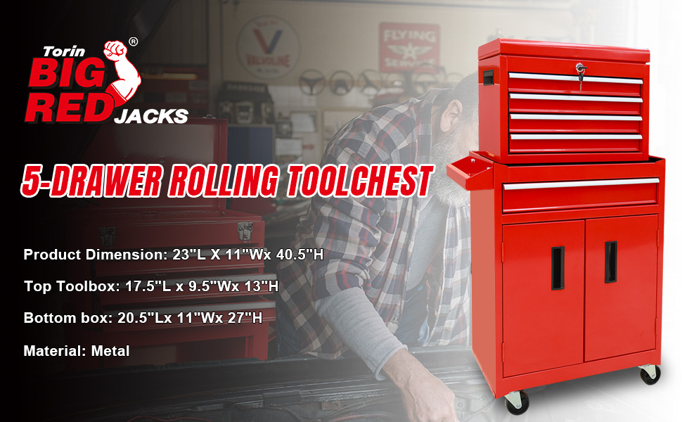 Torin 5-Drawer Rolling Tool Storage Chest: Metal Tool Cart Cabinet with Wheels, Removable