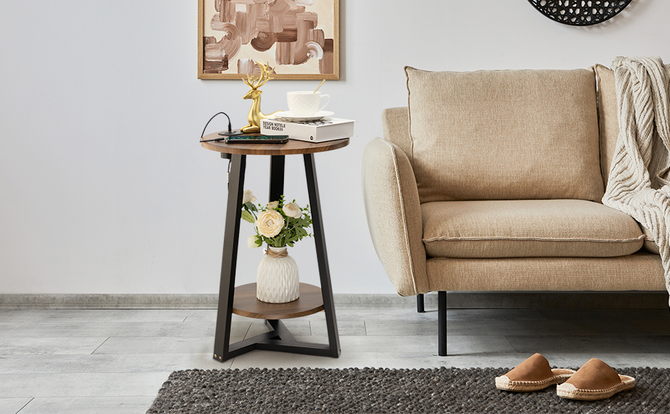 TINSAWOOD End Table with USB Ports and Outlet, Small Round