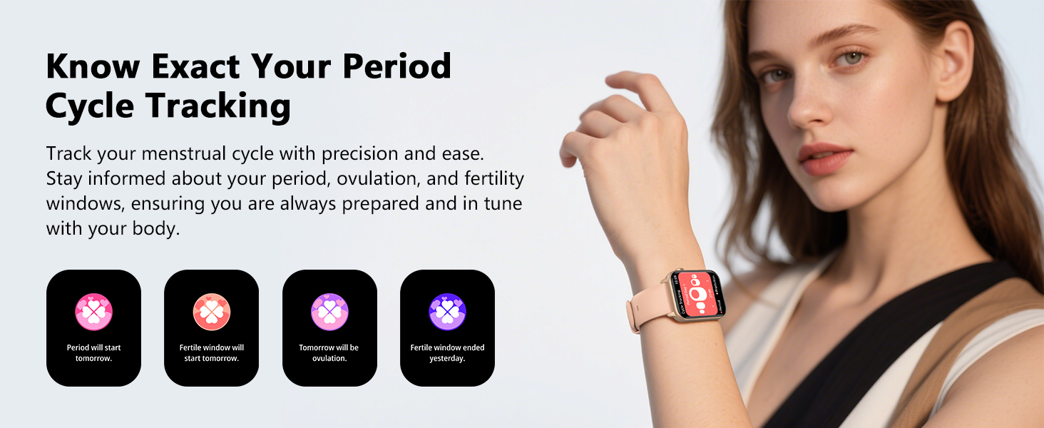 Text reads 'Know Smart Your Period Cycle Tracking'. Digital interface showing four purple app icons below text. Smartwatch displayed on wrist showing fitness tracking features.