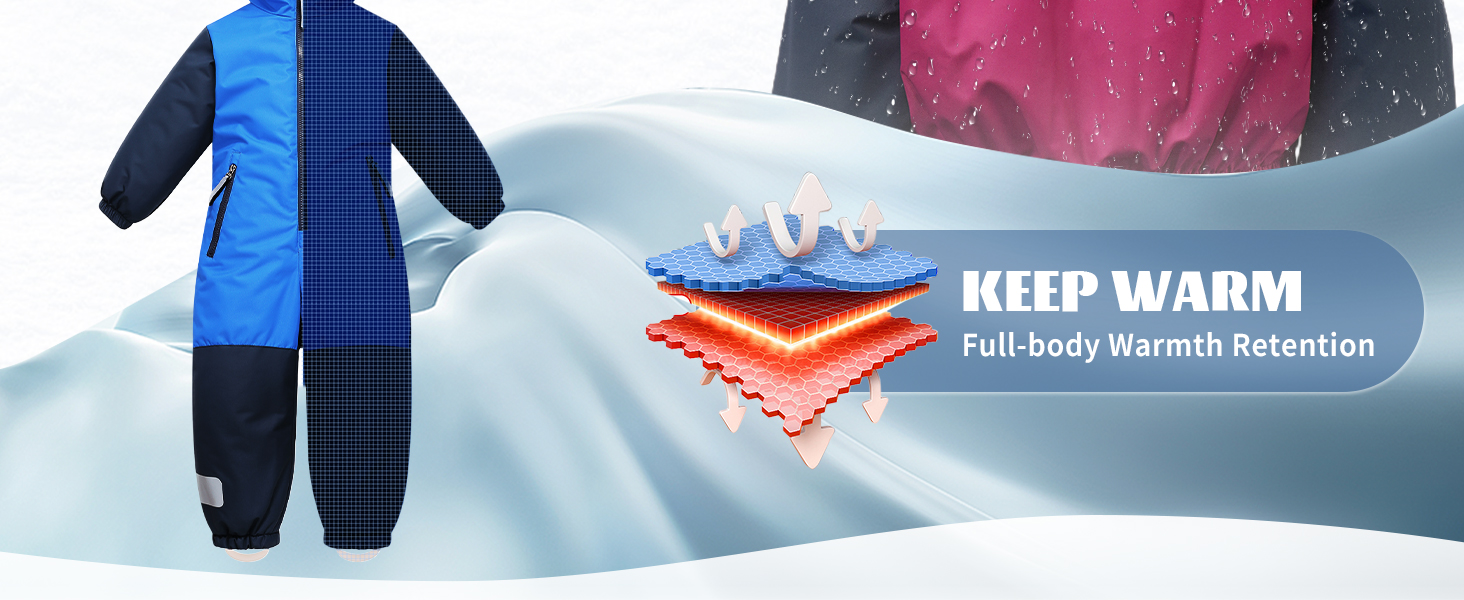 Blue and navy children's snowsuit with full-body warmth retention technology, featuring a layered insulation system as shown in the cross-section diagram.