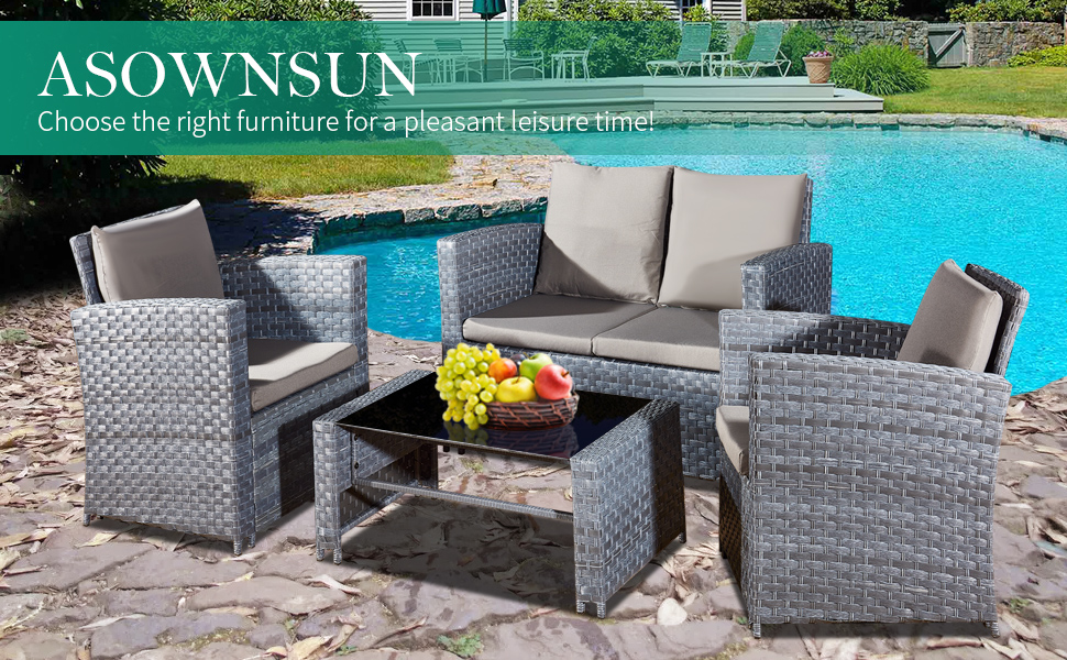 ASOWNSUN 4 Pieces Rattan Garden Furniture Set Outdoor, PE Wicker