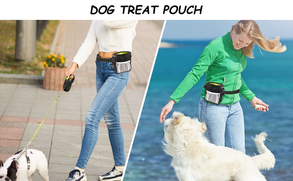 Andiker Dog Treat Pouch, All-In-1 Lightweight Training Bag for Pets with Training Clicker and Eco-friendly Biodegradable Pet Poop Bags Large Capacity Food Storage Water-resistant Reflective (black) 19 Dog Treat Bags