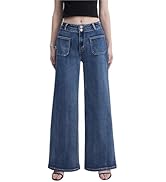 ZMTUO Women's High Waist Wide Leg Jeans Stretchy Loose Denim Pants with Two Button Detail