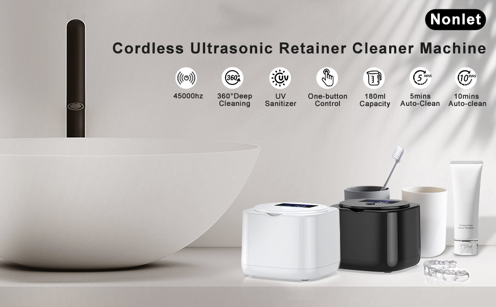 Ultrasonic Cleaner, Cordless UV Ultrasonic Retainer Cleaner Machine, 45KHz 180ML