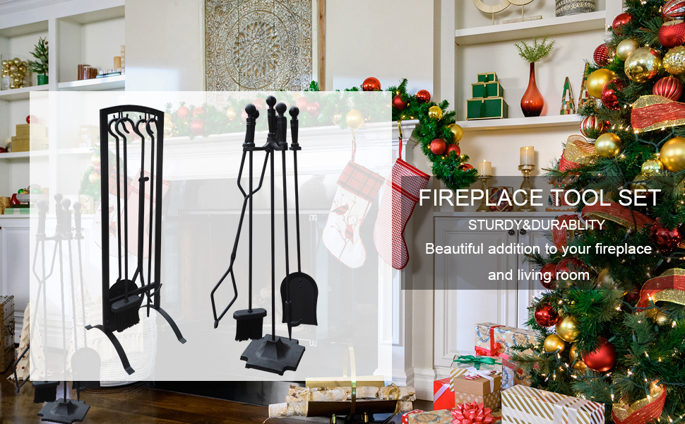5 Pieces Fireplace Tools Set with Fire Tongs, Poker, Shovel, Broom and