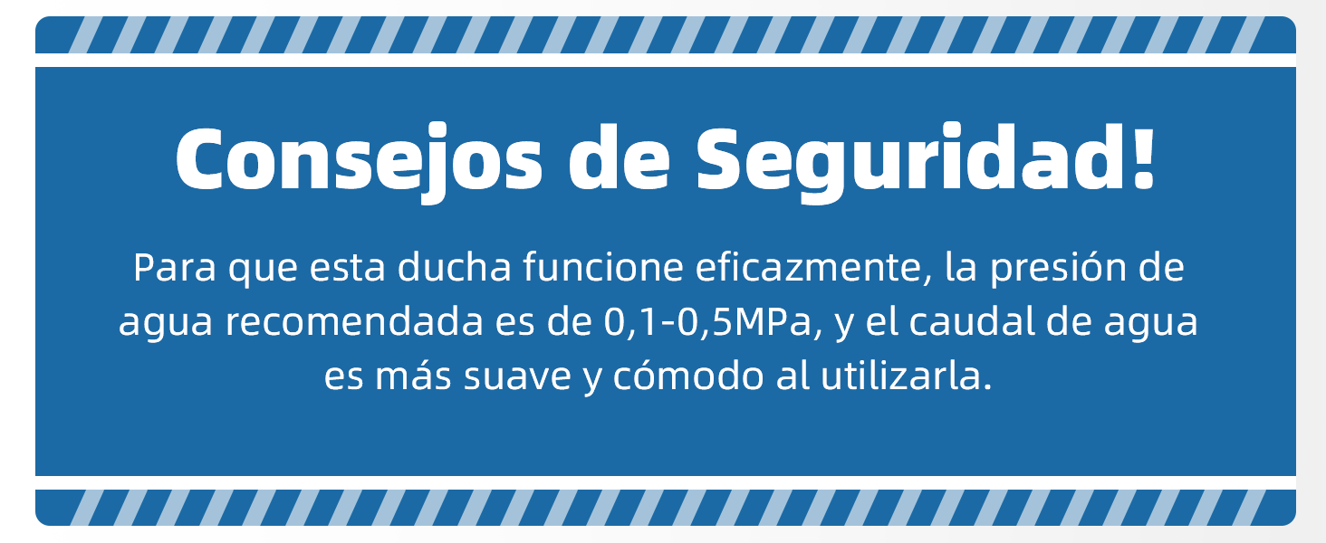 en español sobre las recomendaciones sobre la presión del agua de la ducha, que indica un rango de presión óptimo de 0,1 a 0,5 MPa para