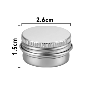 Small round aluminum container with screw-on lid, measuring 2.6cm in diameter and 1.5cm in height, with dimensional markings shown.