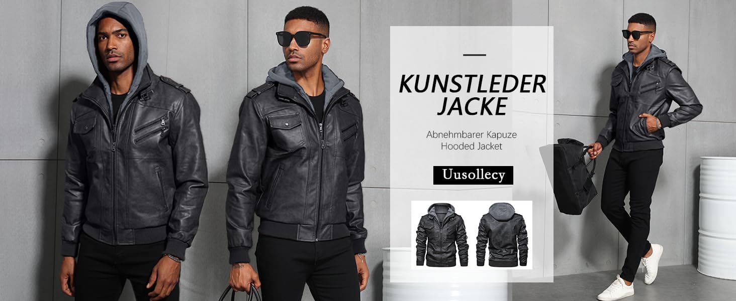 Uusollecy Herren Lederjacke, Abnehmbarer Kapuze Hooded Leather Jacket Mit Reißverschluss