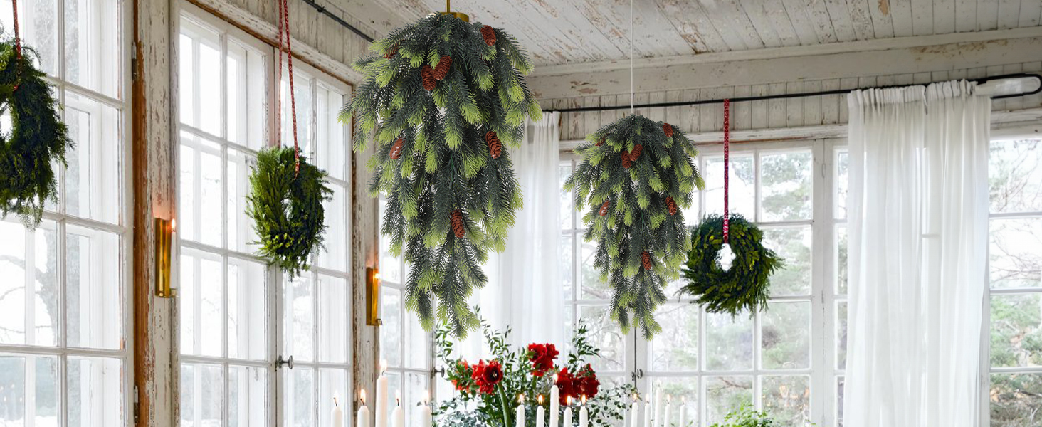 Christmas Swag for Front Door Artificial Christmas Teardrop Decoration with Pine Needles Stair Swag