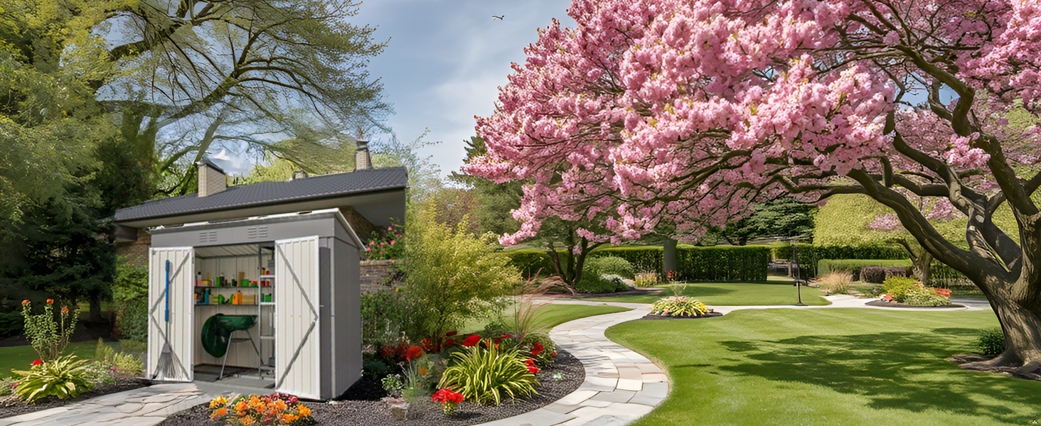 A serene garden with a well-manicured lawn and vibrant flower beds, showcasing the product seamlessl