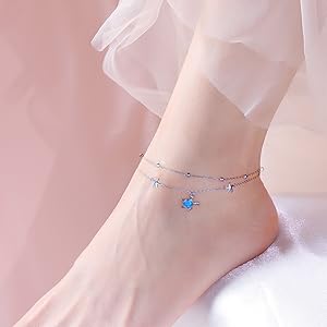 Blue Opal Sea Turtle Ankle Bracelet Sterling Silver Anklet Jewelry