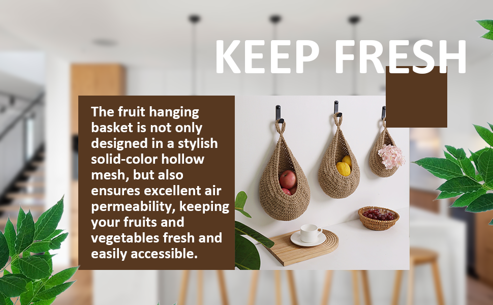 Hanging Fruit Basket Set of 3, Boho Wall Hanging Storage Jute Basket for Organizing & Decor, Handmade Teardrop Hammock Holder for Onion Fruit Vegetable in Home & Restaurant Kitchen with Hooks 10 1