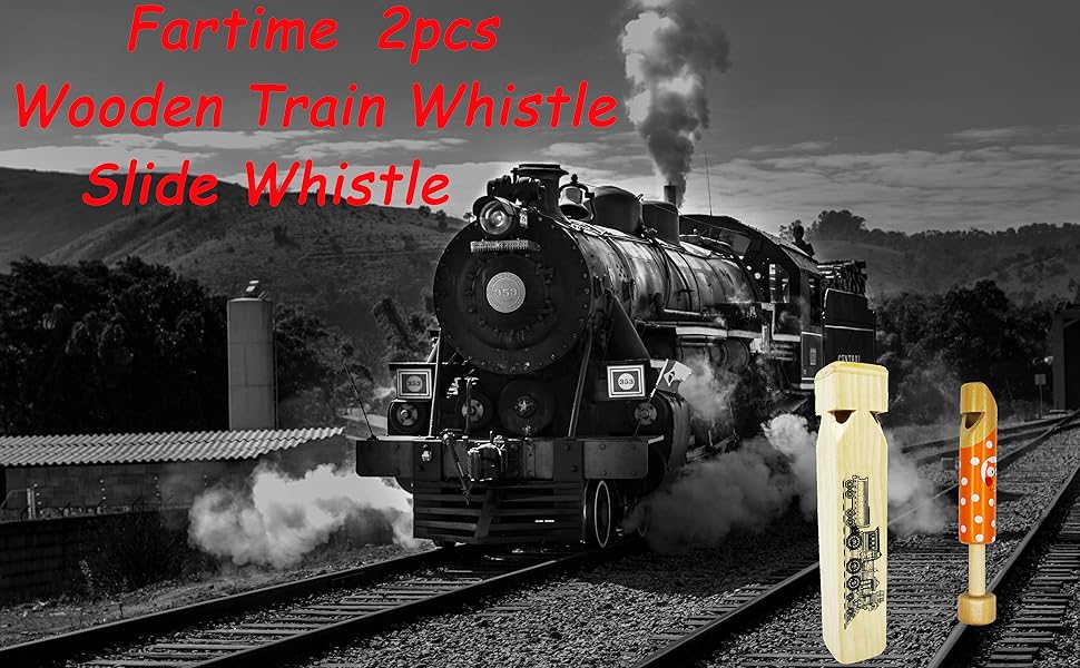 Fartime 2PCS—Wooden Train Whistle and Wooden Slide Whistle for Music Instrument Gifts Wood Toys