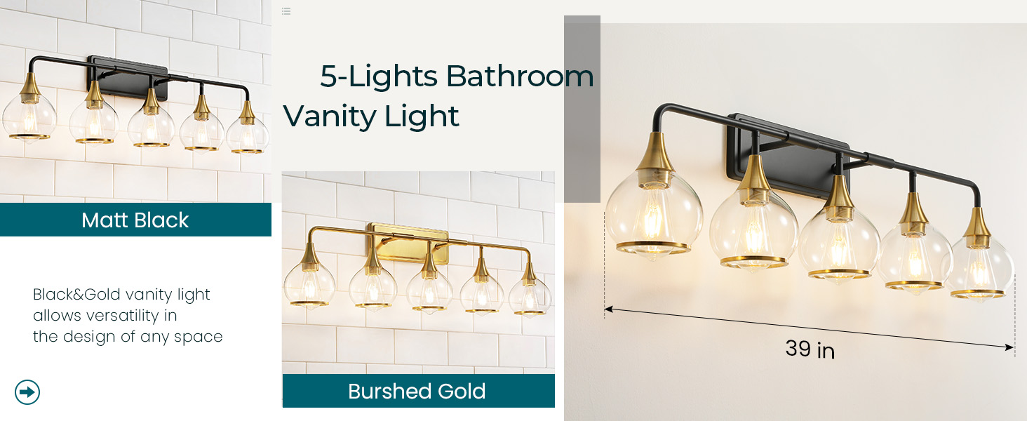 HAHZT Black and Gold Bathroom Vanity Light 5Lights Bathroom Light